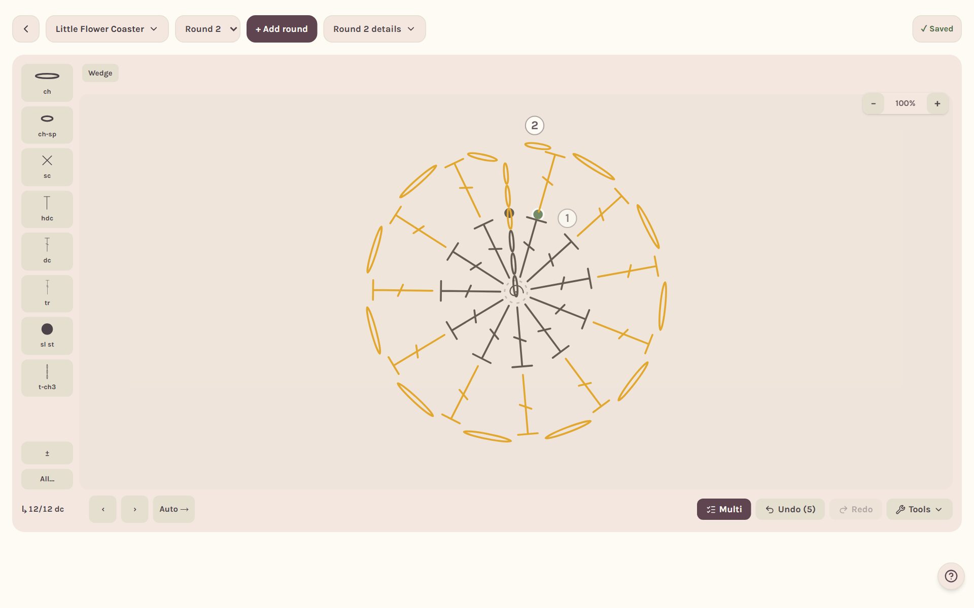 Round 2 of the coaster colored yellow, with Round 1 still in chart ink (on a computer)