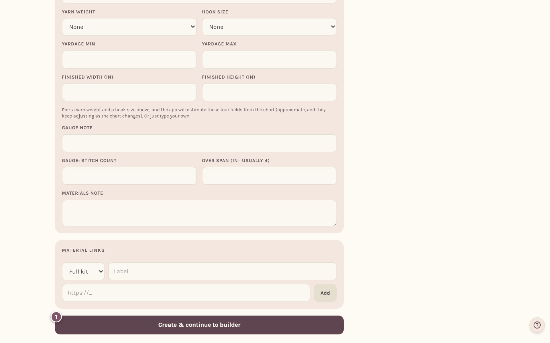 The Create and continue to builder button at the bottom of the form, marked 1 (on a computer)