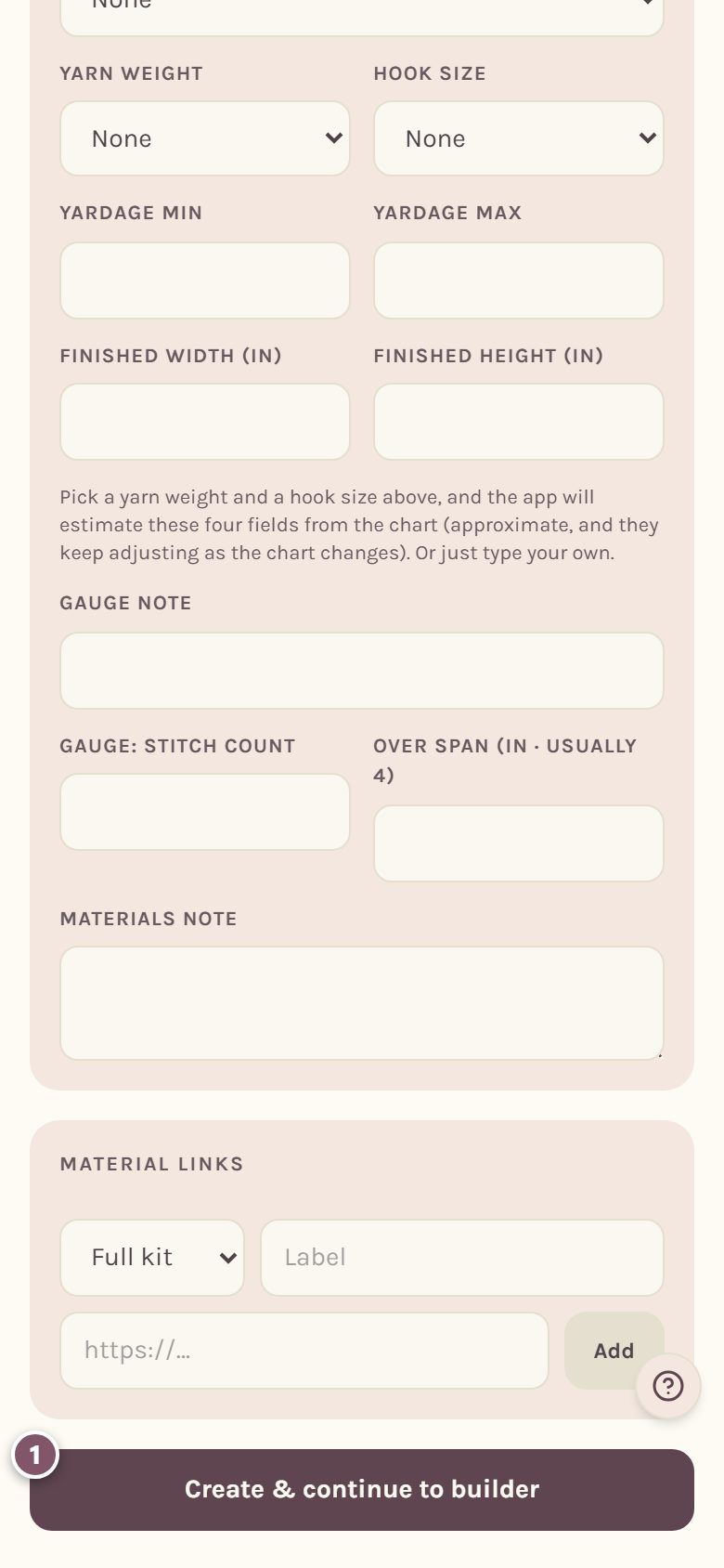 The Create and continue to builder button at the bottom of the form, marked 1 (on a phone)