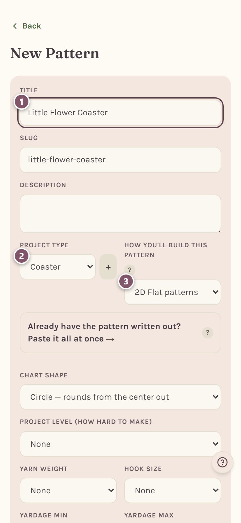 The New Pattern form: 1 the title, 2 the project type, 3 How you'll build this pattern set to 2D Flat patterns (on a phone)