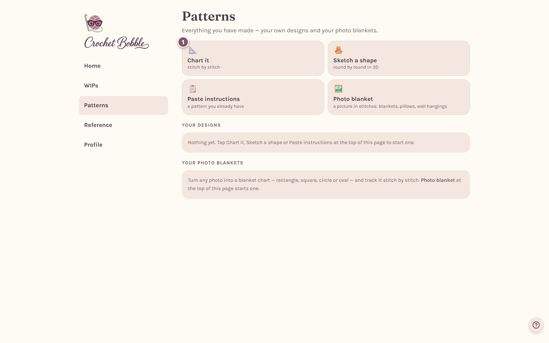 The Patterns tab with the Chart it box marked 1 (on a computer)