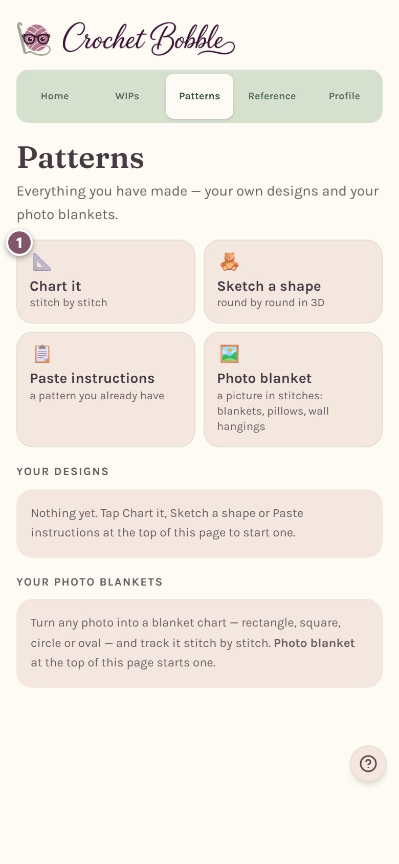 The Patterns tab with the Chart it box marked 1 (on a phone)