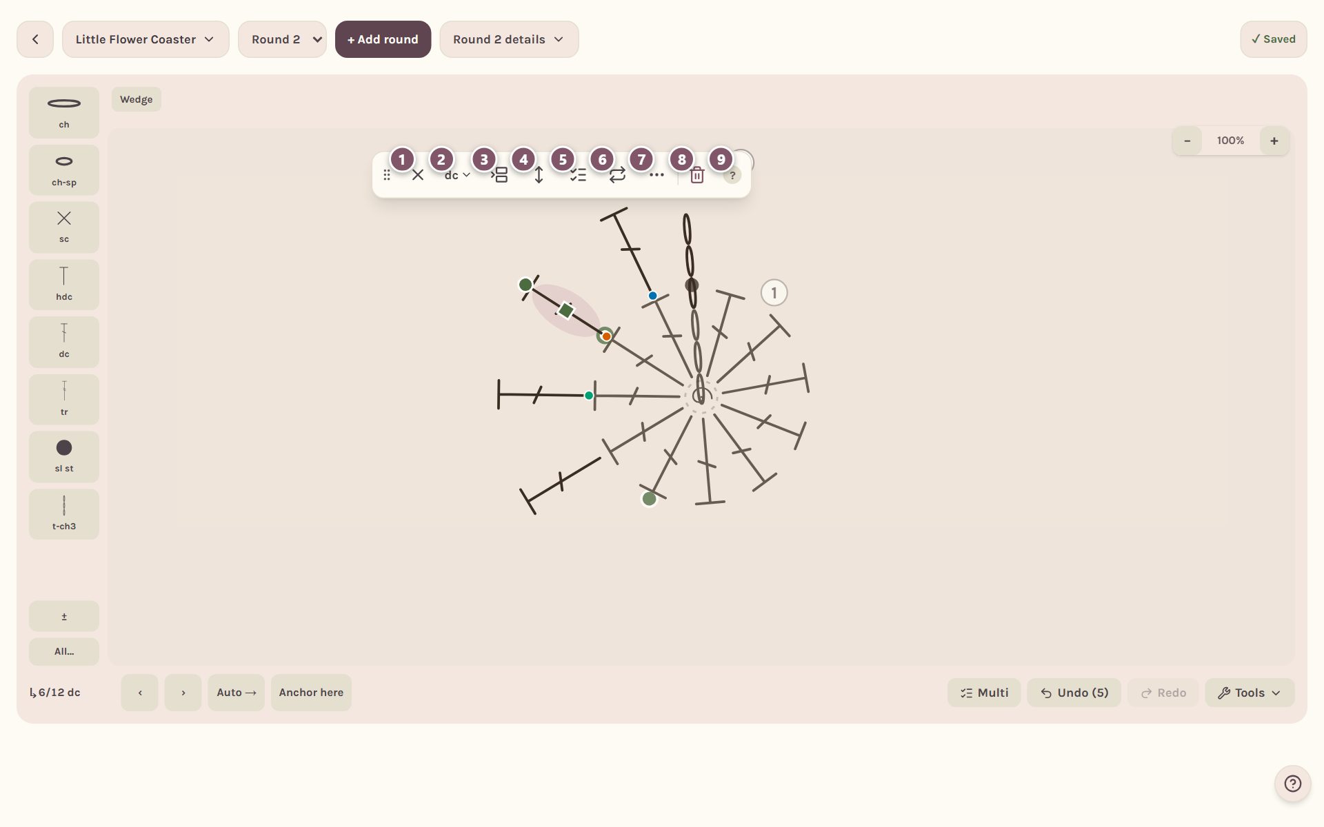 The stitch toolbar for one double crochet: 1 Deselect, 2 This stitch, 3 Insert, 4 Length, 5 Multi, 6 Repeat, 7 More, 8 Delete, 9 the ? legend (on a computer)