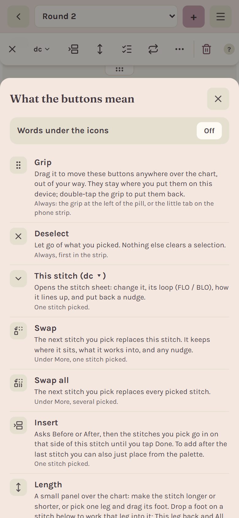 The What the buttons mean sheet, with the Words under the icons switch at the top (on a phone)