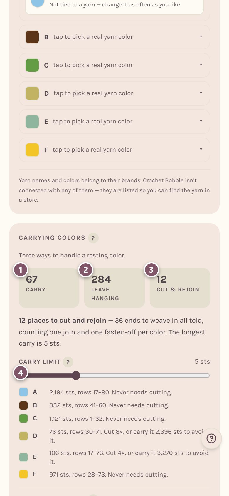 The Carrying colors card: 1 Carry, 2 Leave hanging, 3 Cut & rejoin, 4 the Carry limit slider (on a phone)