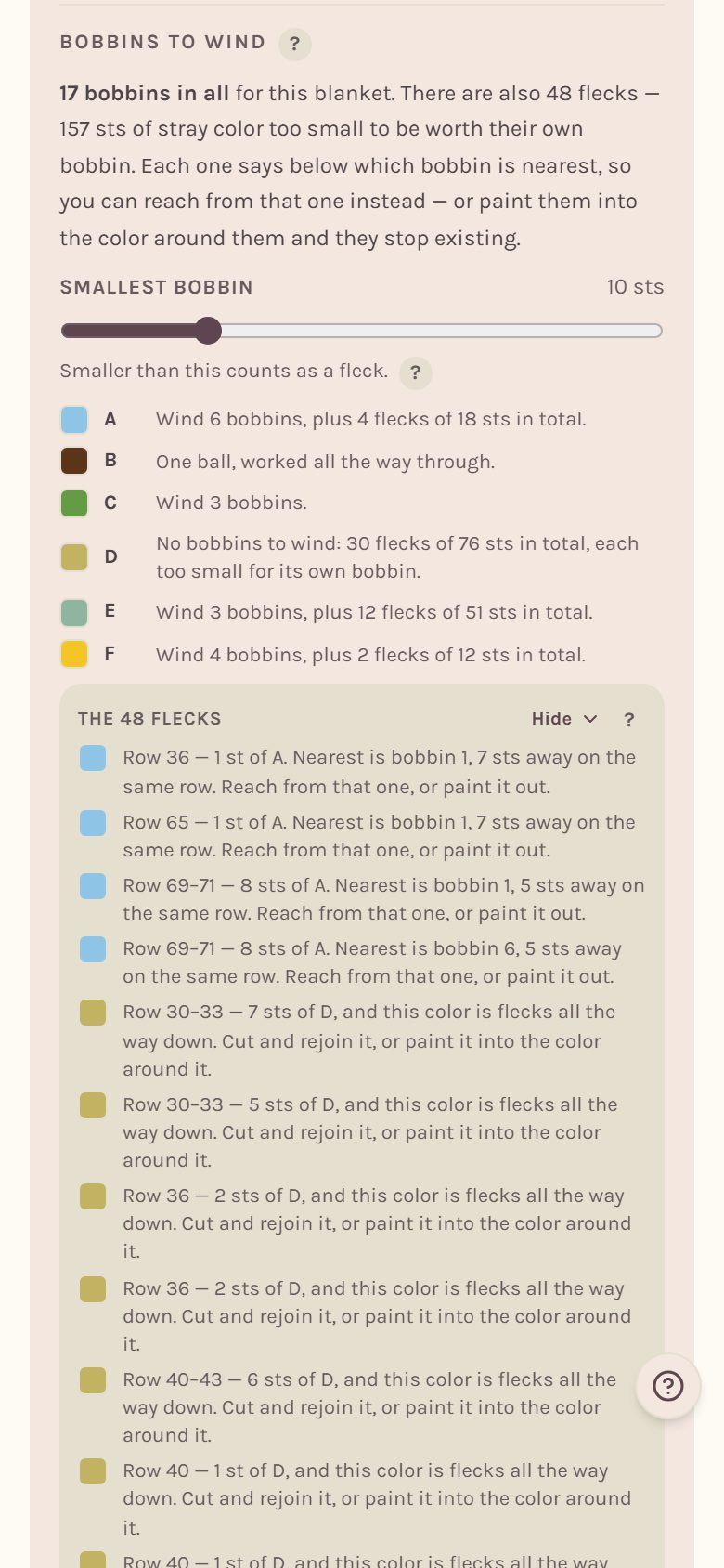 The flecks list, each one naming the nearest bobbin to reach from (on a phone)