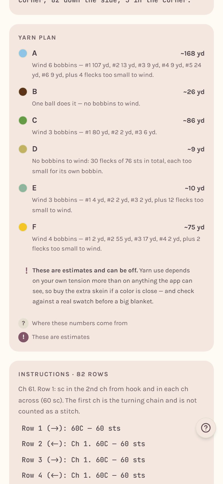 The Yarn plan: each color's yards, grams and skeins, and a line saying how many bobbins to wind and how big (on a phone)