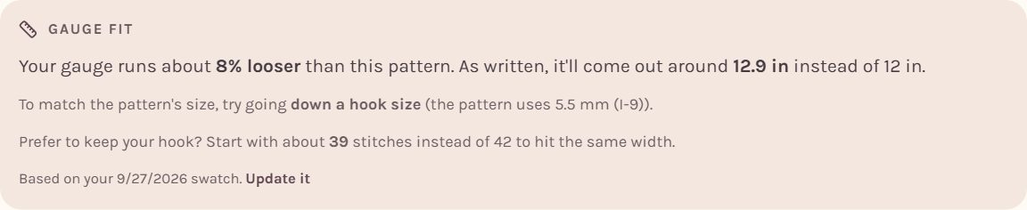The Gauge fit card: your gauge runs about 8% looser, so the lovey comes out about 12.9 in instead of 12 in, with a hook change and a new stitch count to fix it (on a computer)