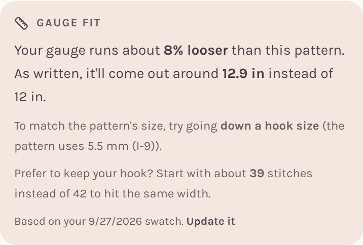 The Gauge fit card: your gauge runs about 8% looser, so the lovey comes out about 12.9 in instead of 12 in, with a hook change and a new stitch count to fix it (on a phone)