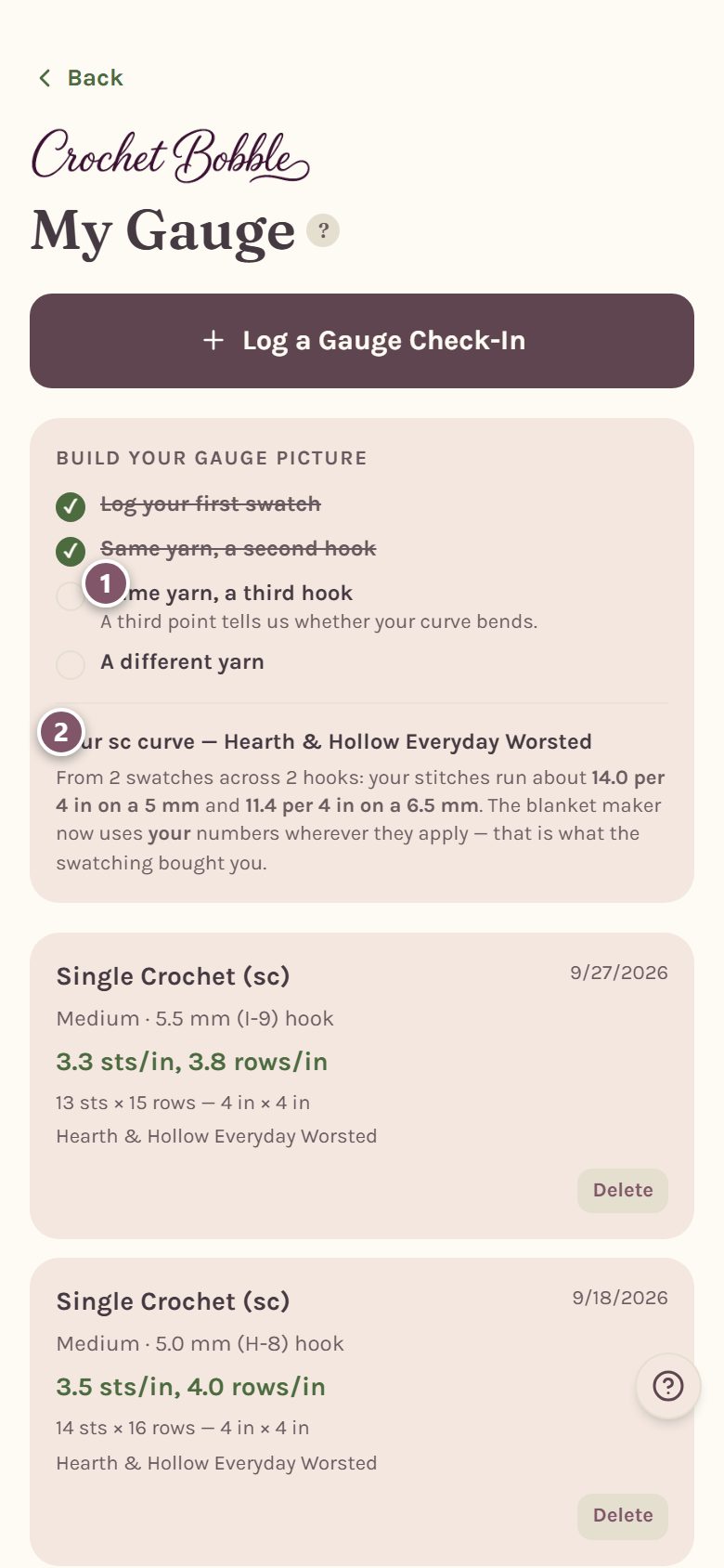 Build your gauge picture: 1 is the next step, 2 is your personal gauge curve, with your logged swatches below (on a phone)