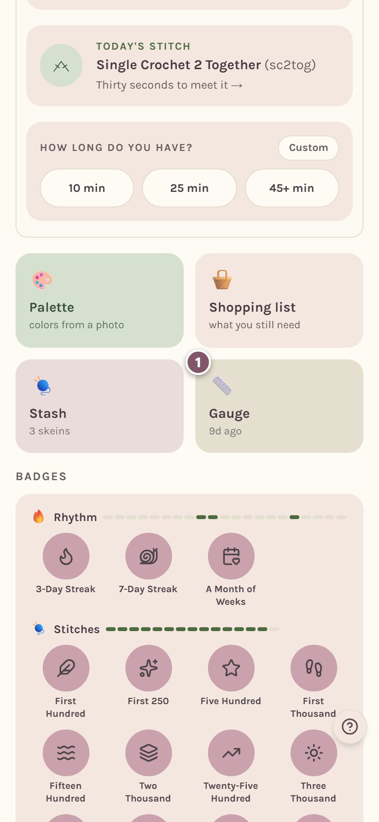 The four tool tiles on Home, with the Gauge tile marked 1 (on a phone)
