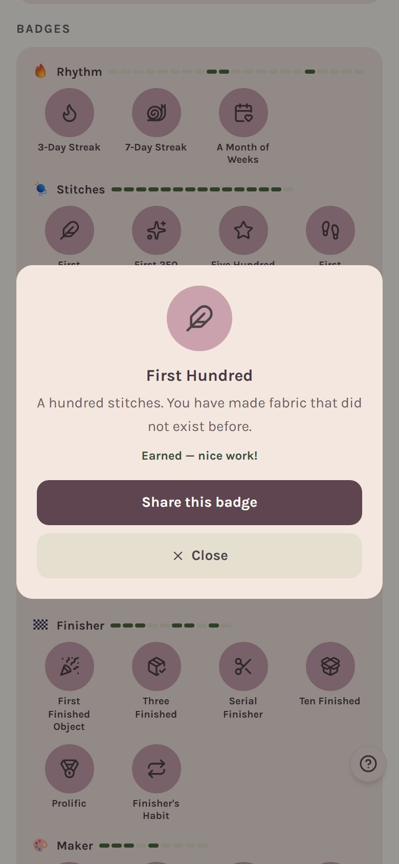 The First Hundred badge: a hundred stitches, earned, with Share this badge (on a phone)