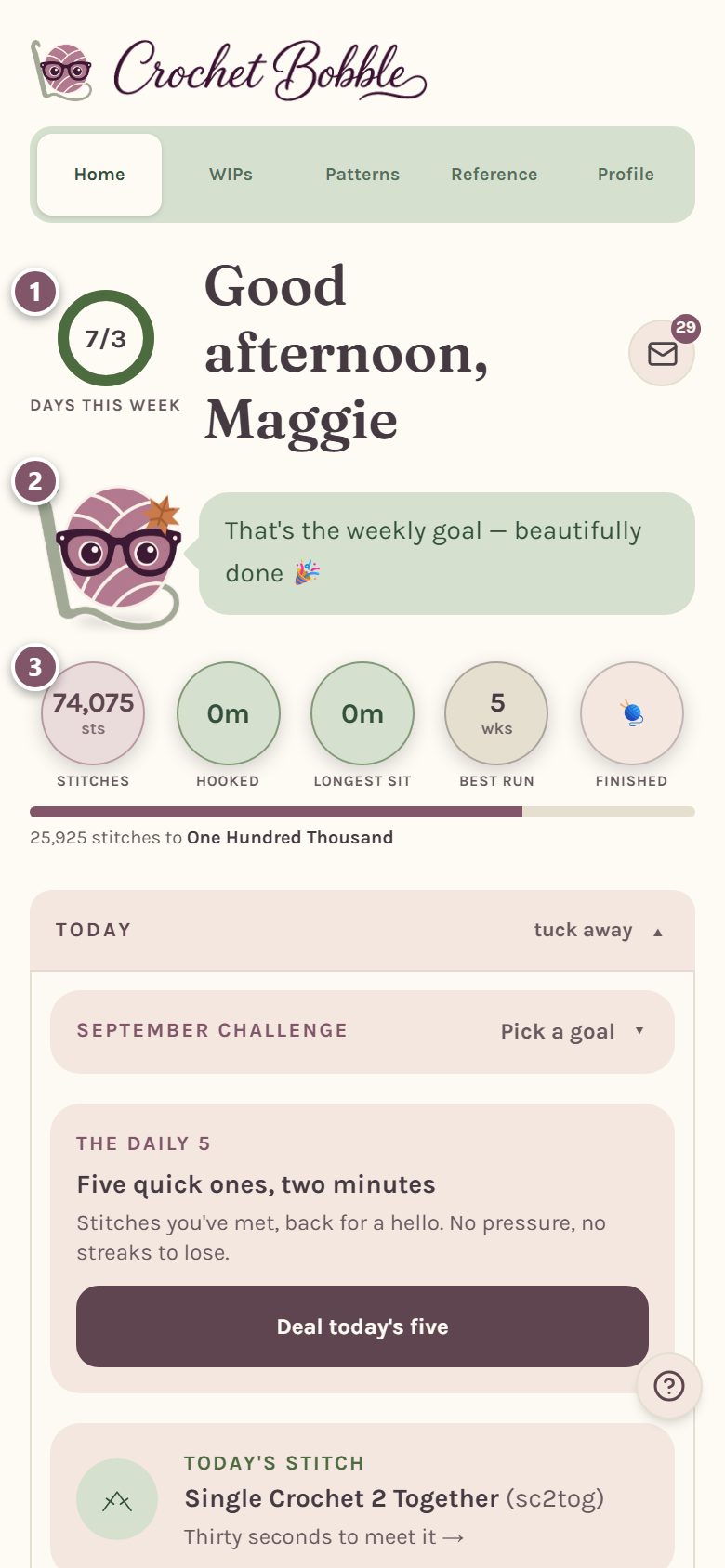 Home: 1 is the weekly goal ring, 2 is Bobble, 3 is the row of numbers (on a phone)