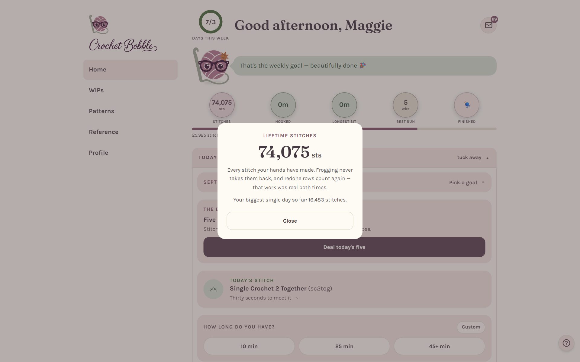 Lifetime stitches: the total, every stitch your hands have made, and your biggest single day (on a computer)