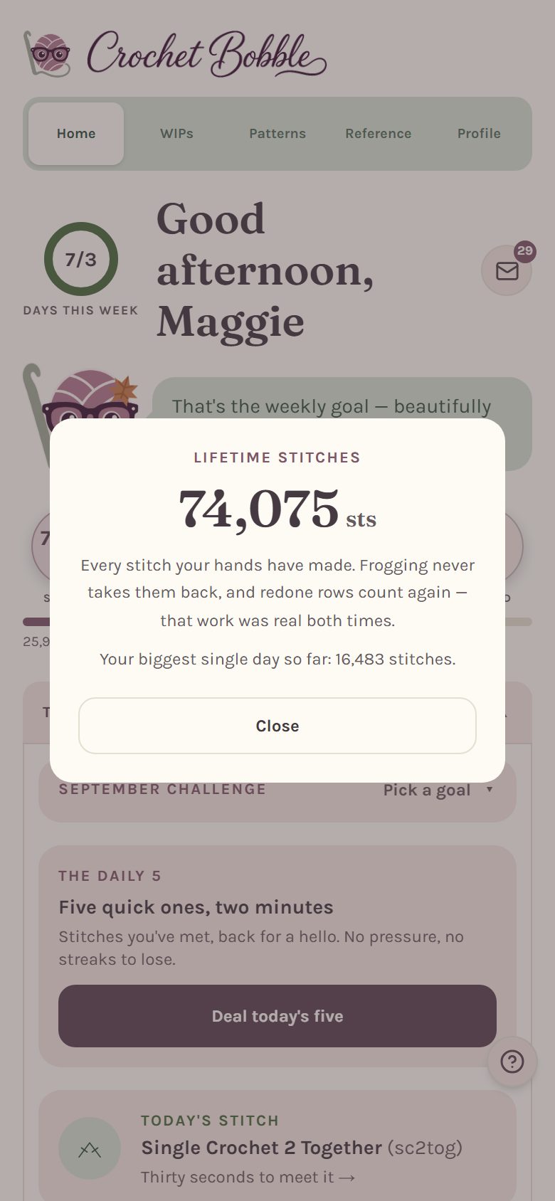 Lifetime stitches: the total, every stitch your hands have made, and your biggest single day (on a phone)