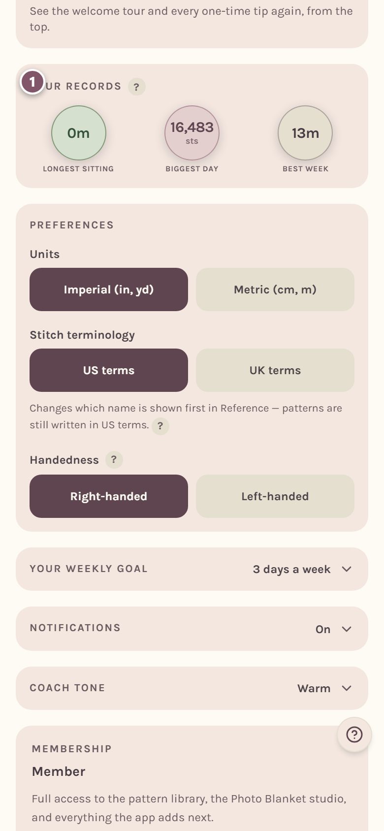 Your records on Profile, marked 1: longest sitting, biggest day and best week (on a phone)