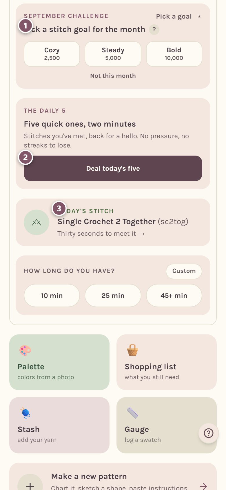 The Today section: 1 is the monthly challenge, 2 is the Daily 5, 3 is today's stitch (on a phone)