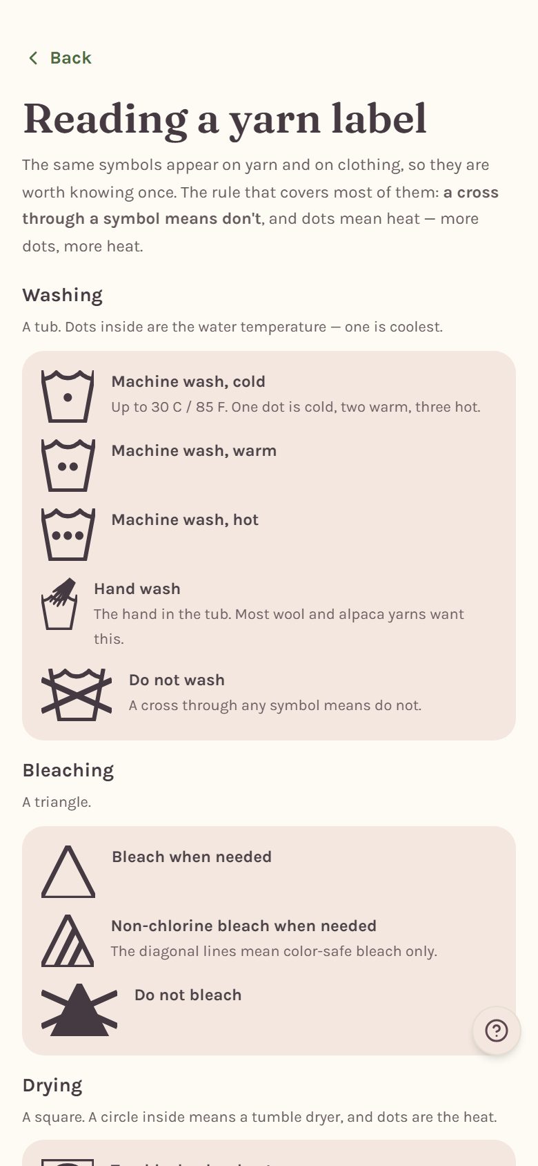 Reading a yarn label: the washing, bleaching and drying symbols explained (on a phone)