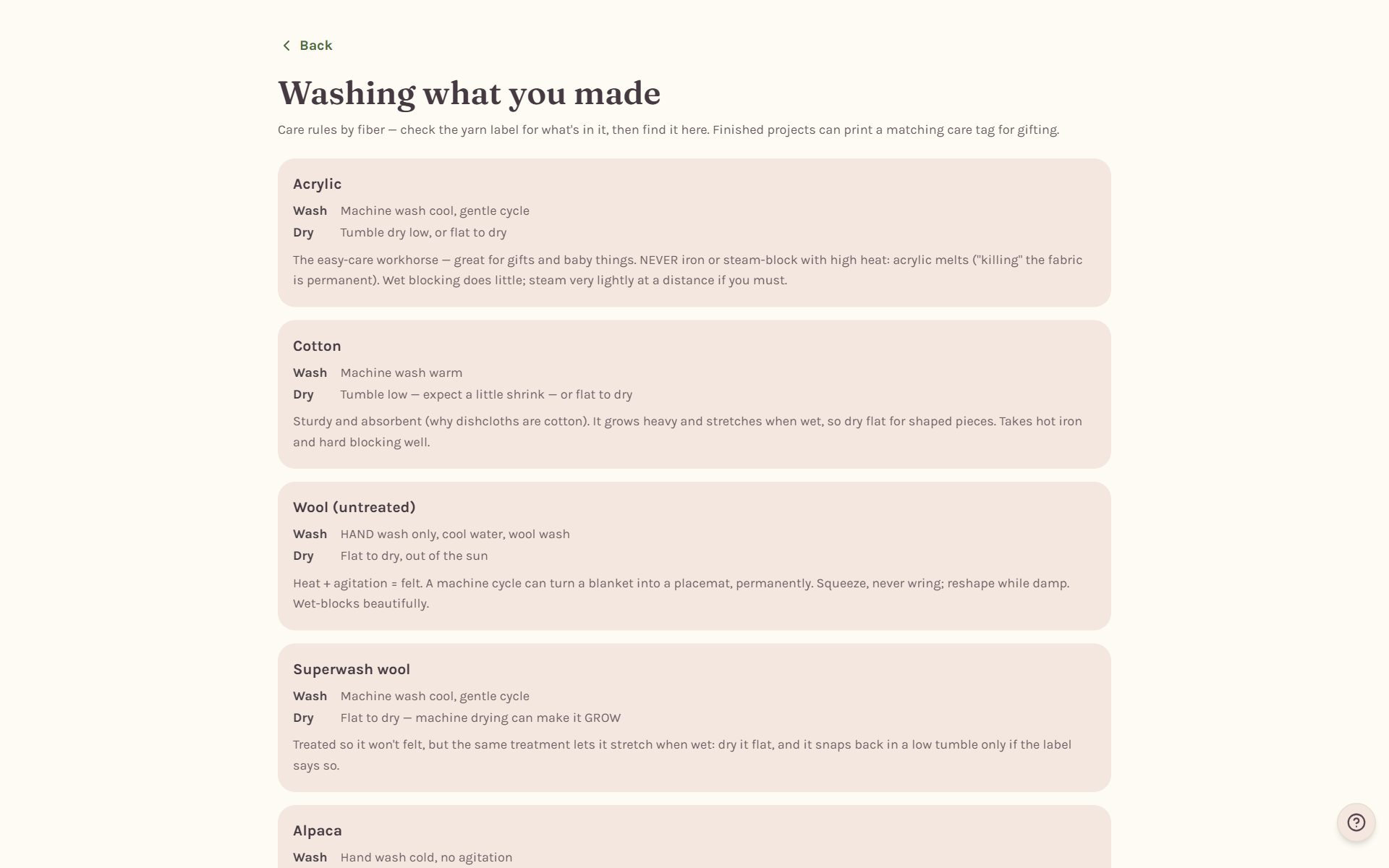 Washing what you made: wash and dry instructions for acrylic, cotton and wool (on a computer)