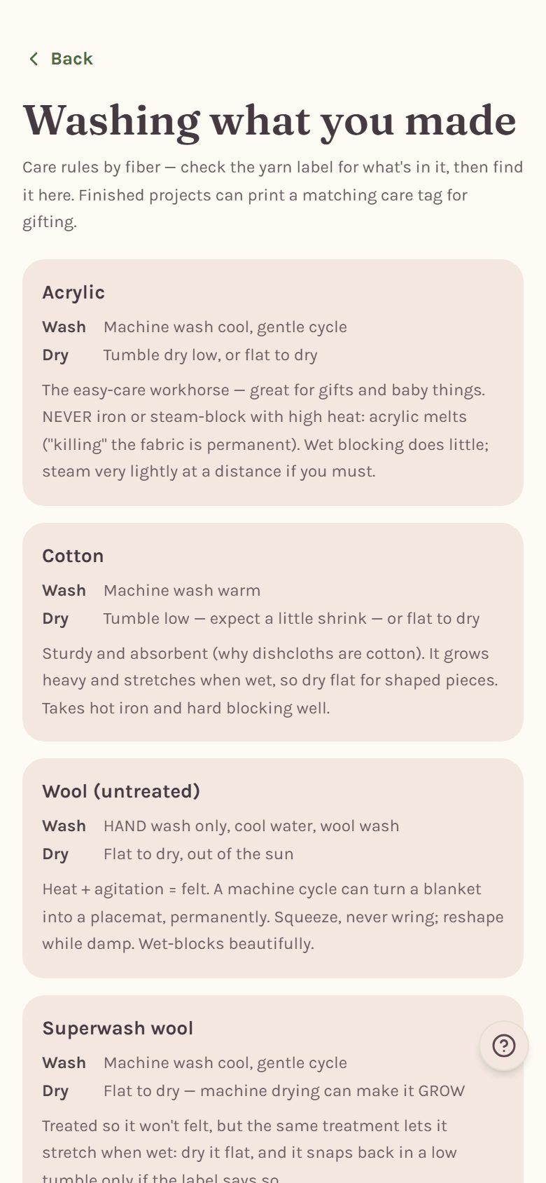 Washing what you made: wash and dry instructions for acrylic, cotton and wool (on a phone)