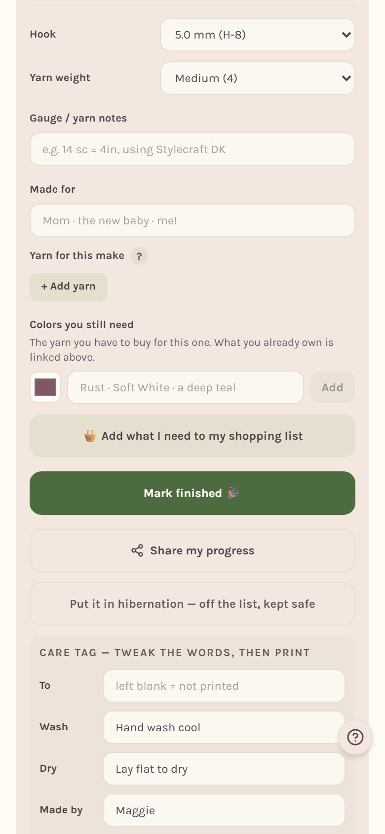 The care tag card: To, Wash, Dry and Made by, ready to tweak (on a phone)