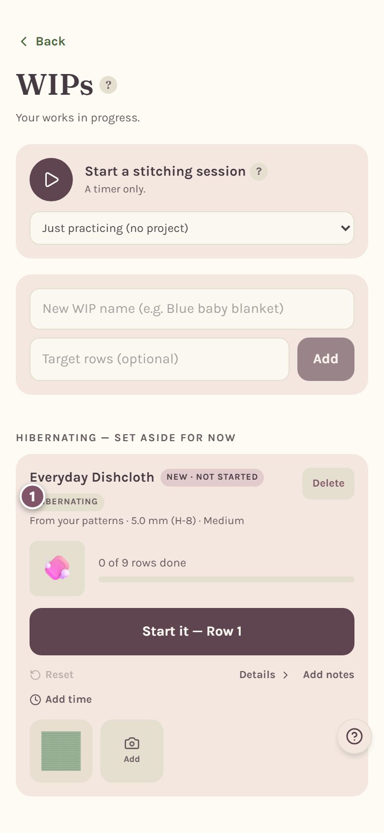 A WIP in the Hibernating section, with its Hibernating label marked 1 (on a phone)