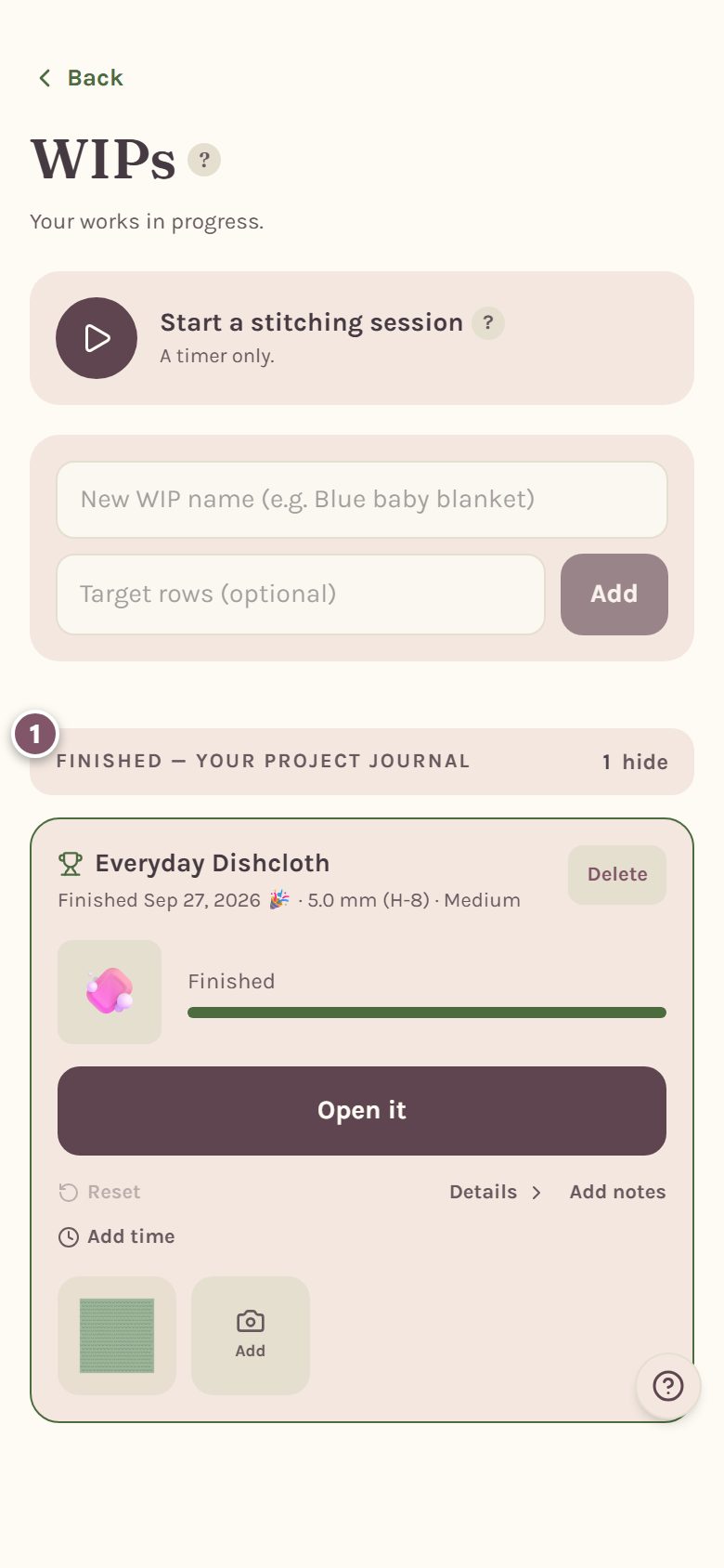 The WIPs page with Finished — your project journal marked 1, and the finished dishcloth under it (on a phone)