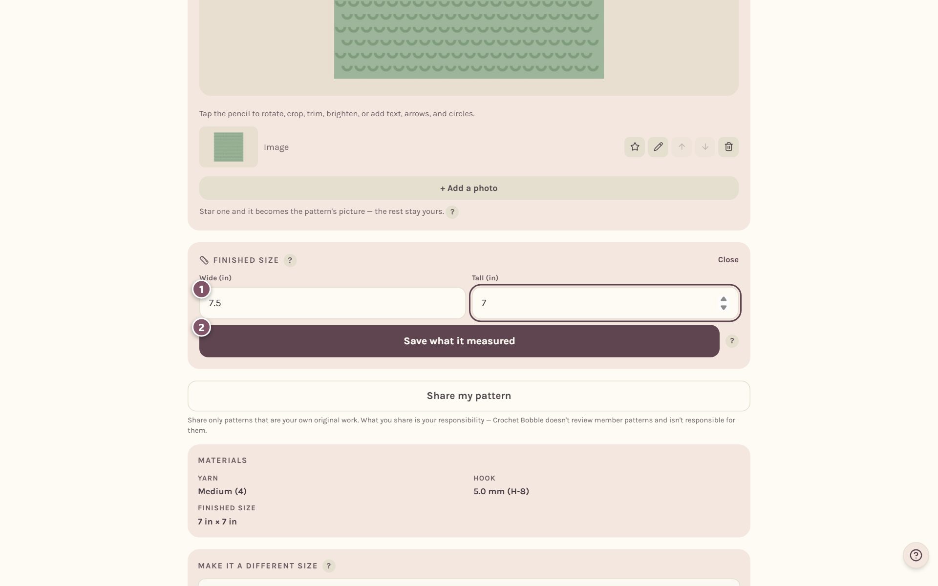The Finished size card: 1 is the first measurement box, 2 is Save what it measured (on a computer)