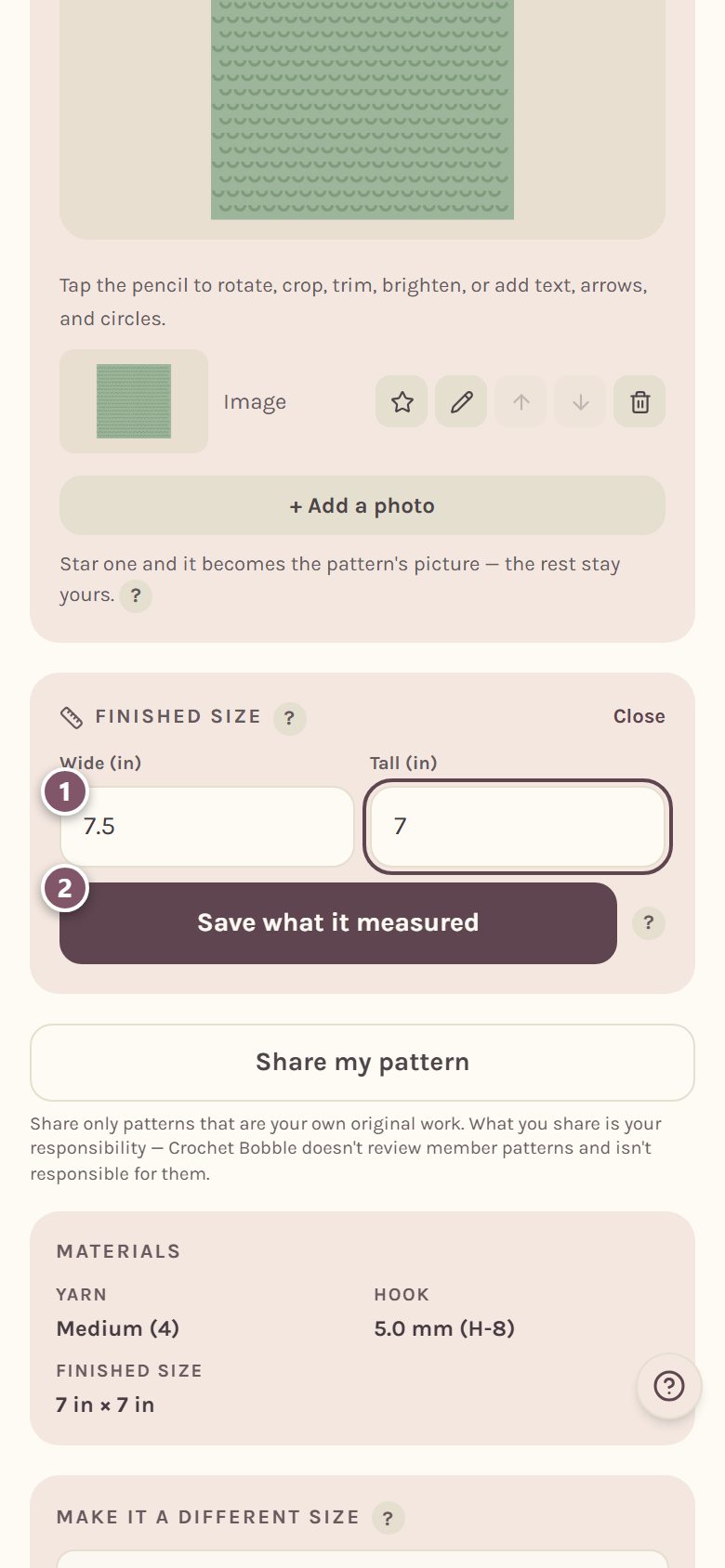 The Finished size card: 1 is the first measurement box, 2 is Save what it measured (on a phone)