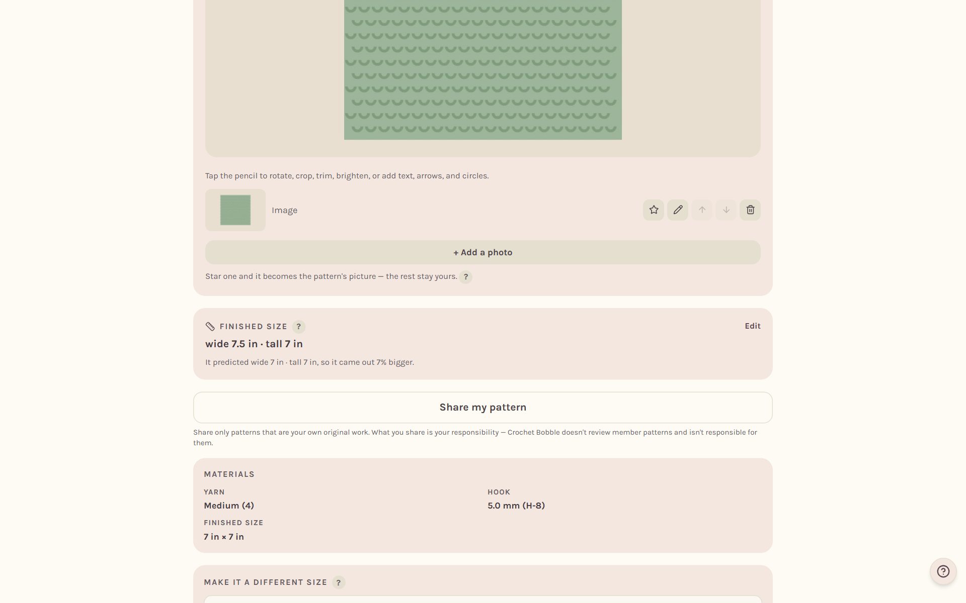 The saved size, "wide 7.5 in · tall 7 in", compared with the pattern's 7 in (on a computer)