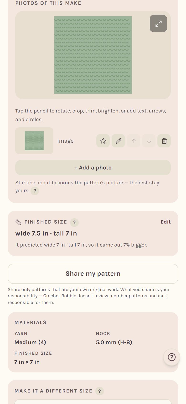 The saved size, "wide 7.5 in · tall 7 in", compared with the pattern's 7 in (on a phone)