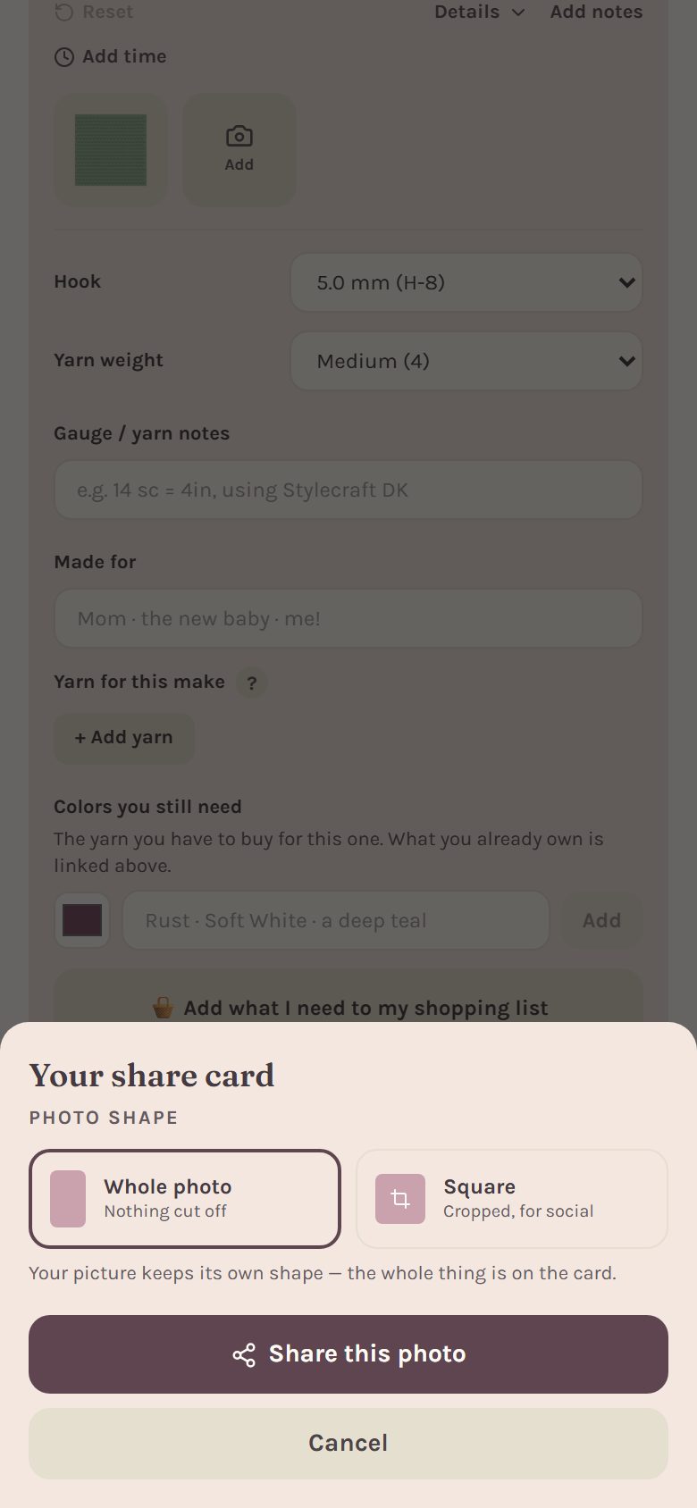 Your share card: pick Whole photo or Square, then Share this photo (on a phone)