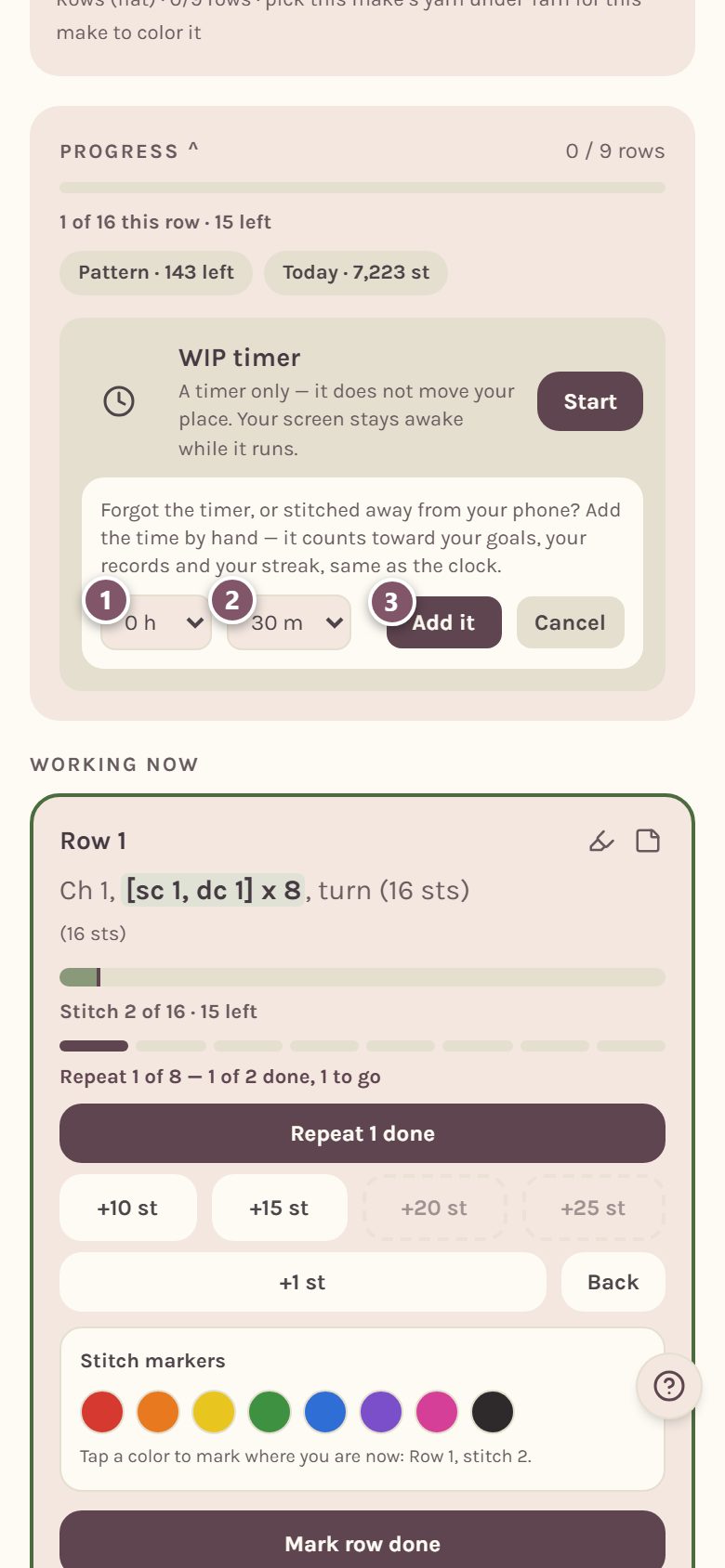 Adding time by hand: 1 is hours, 2 is minutes, 3 is Add it (on a phone)