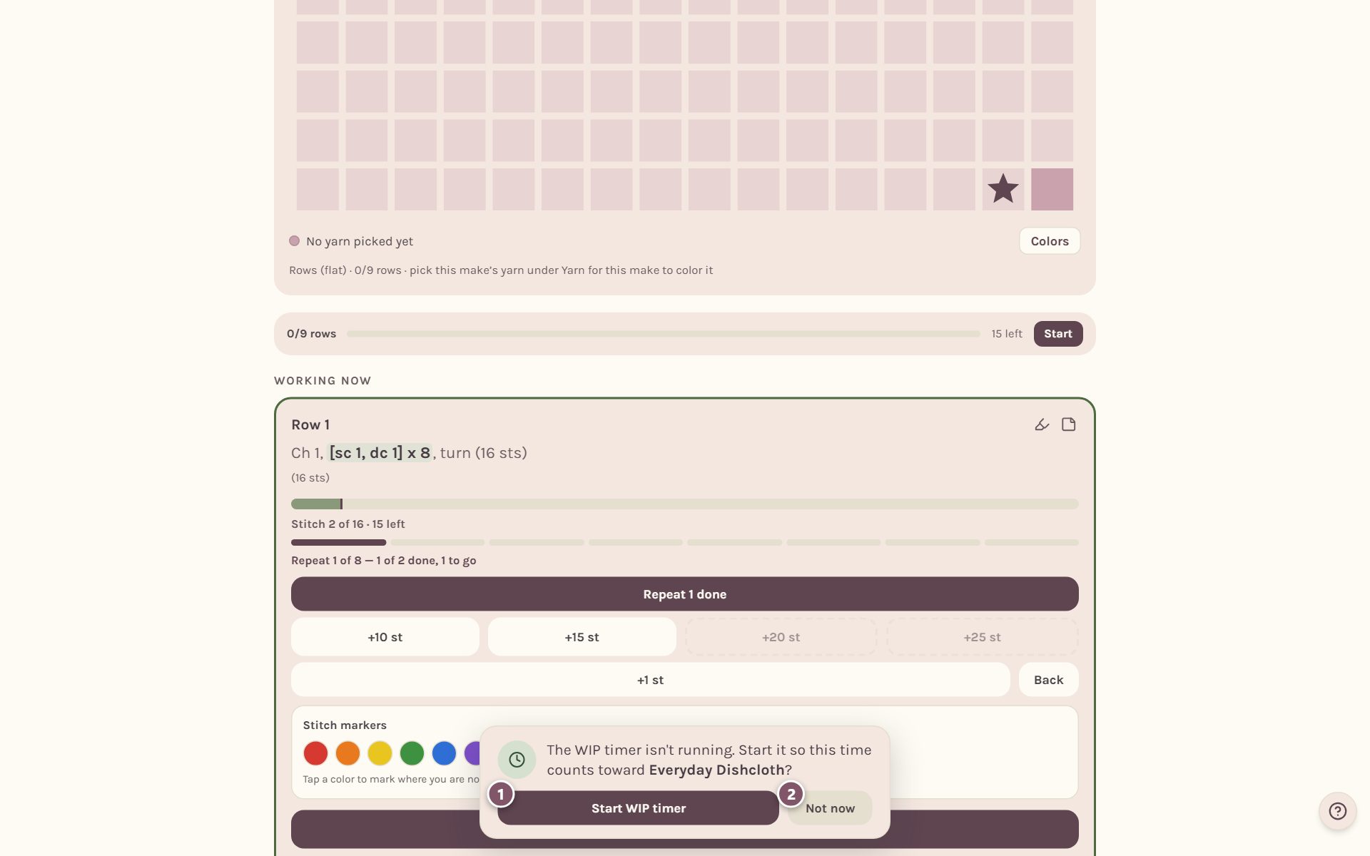The note "The WIP timer isn't running": 1 is Start WIP timer, 2 is Not now (on a computer)
