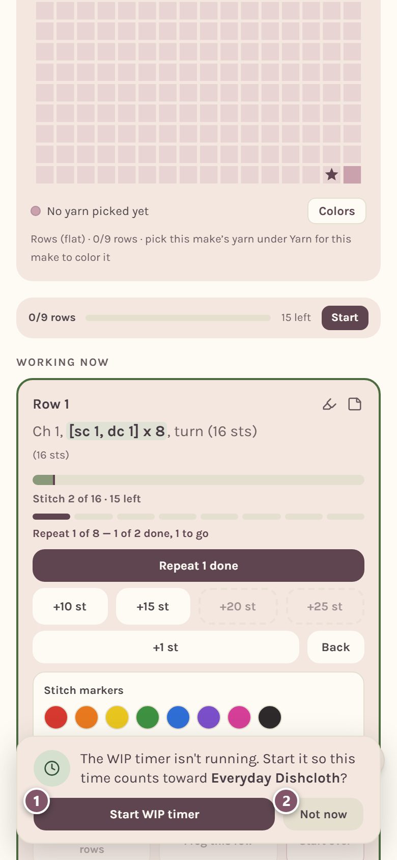 The note "The WIP timer isn't running": 1 is Start WIP timer, 2 is Not now (on a phone)