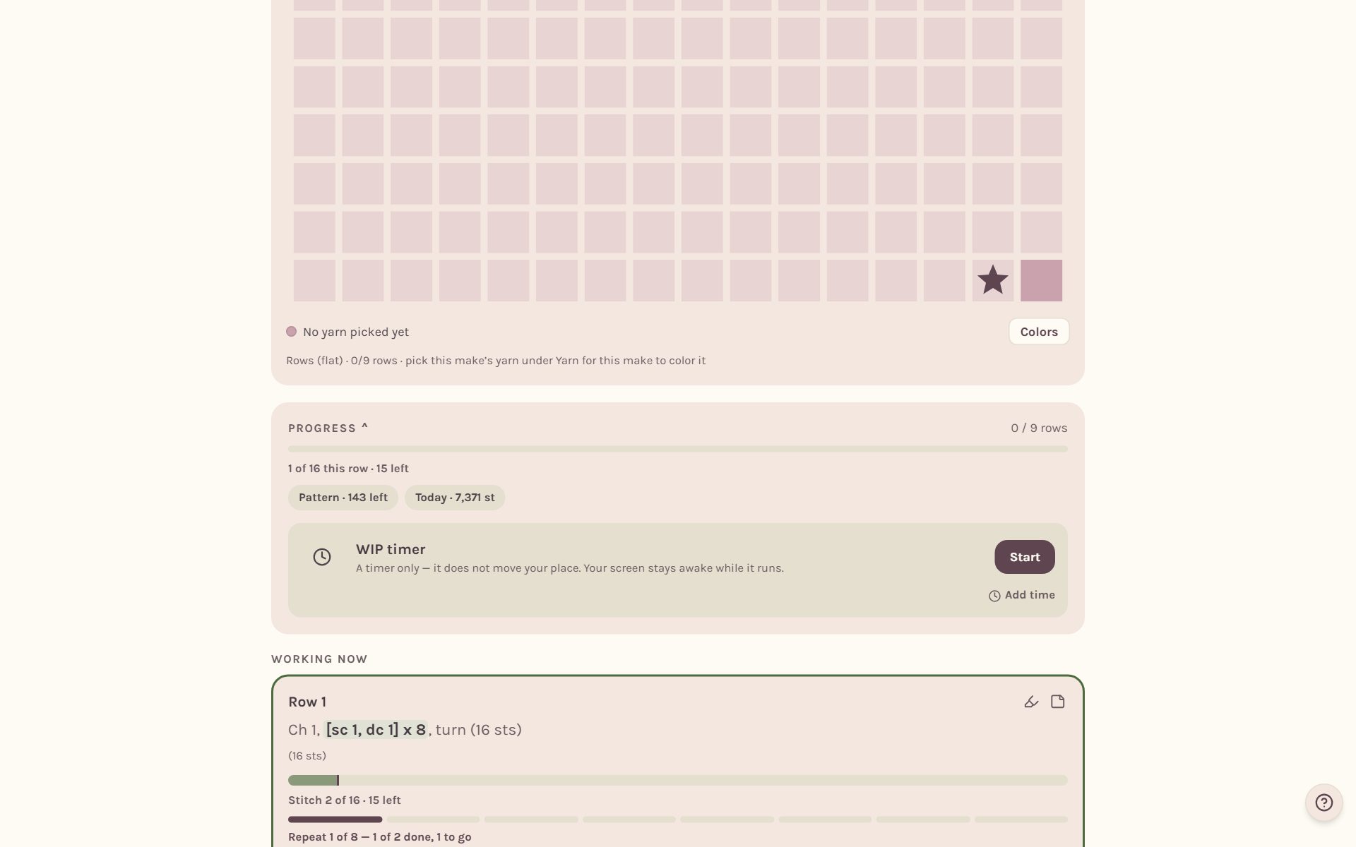 The open Progress card with the WIP timer, its Start button and Add time (on a computer)
