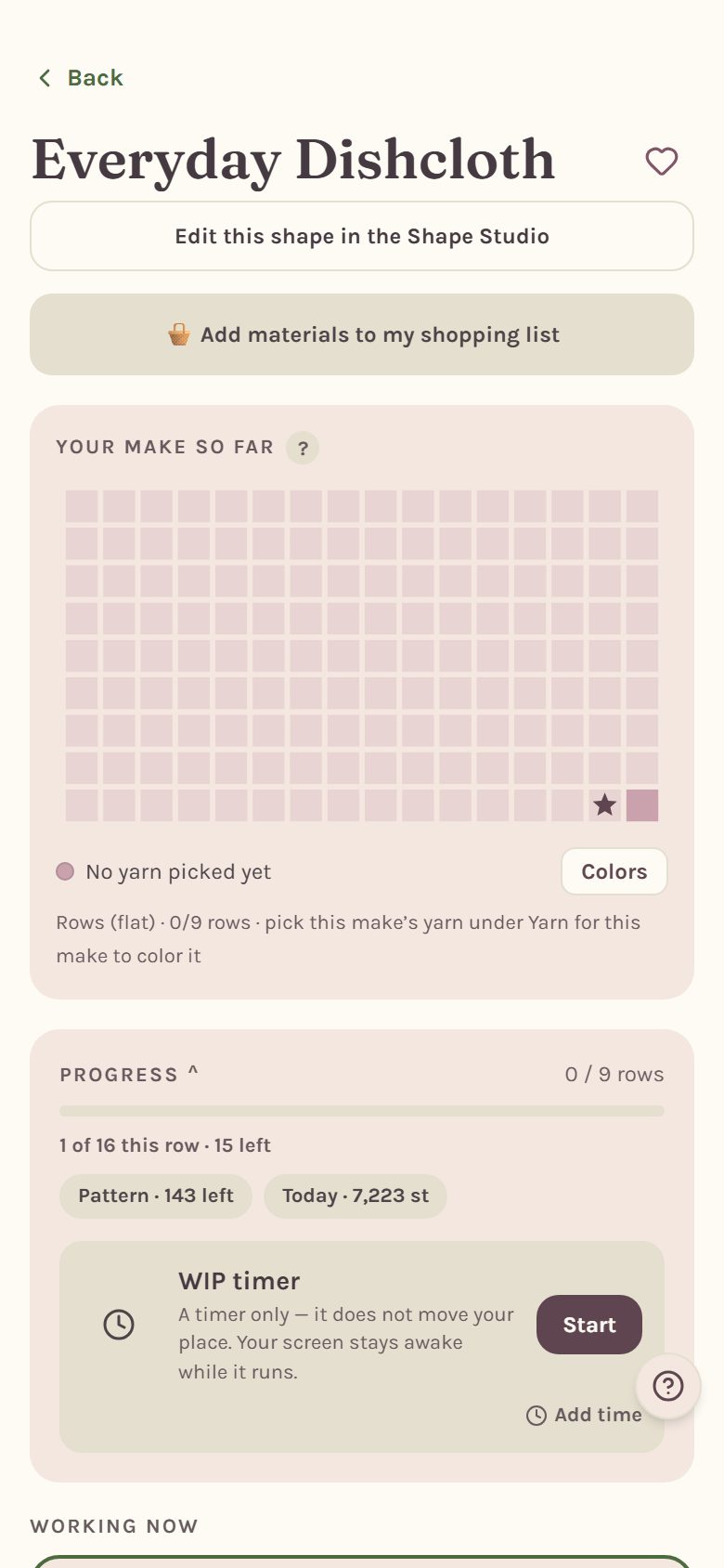 The open Progress card with the WIP timer, its Start button and Add time (on a phone)