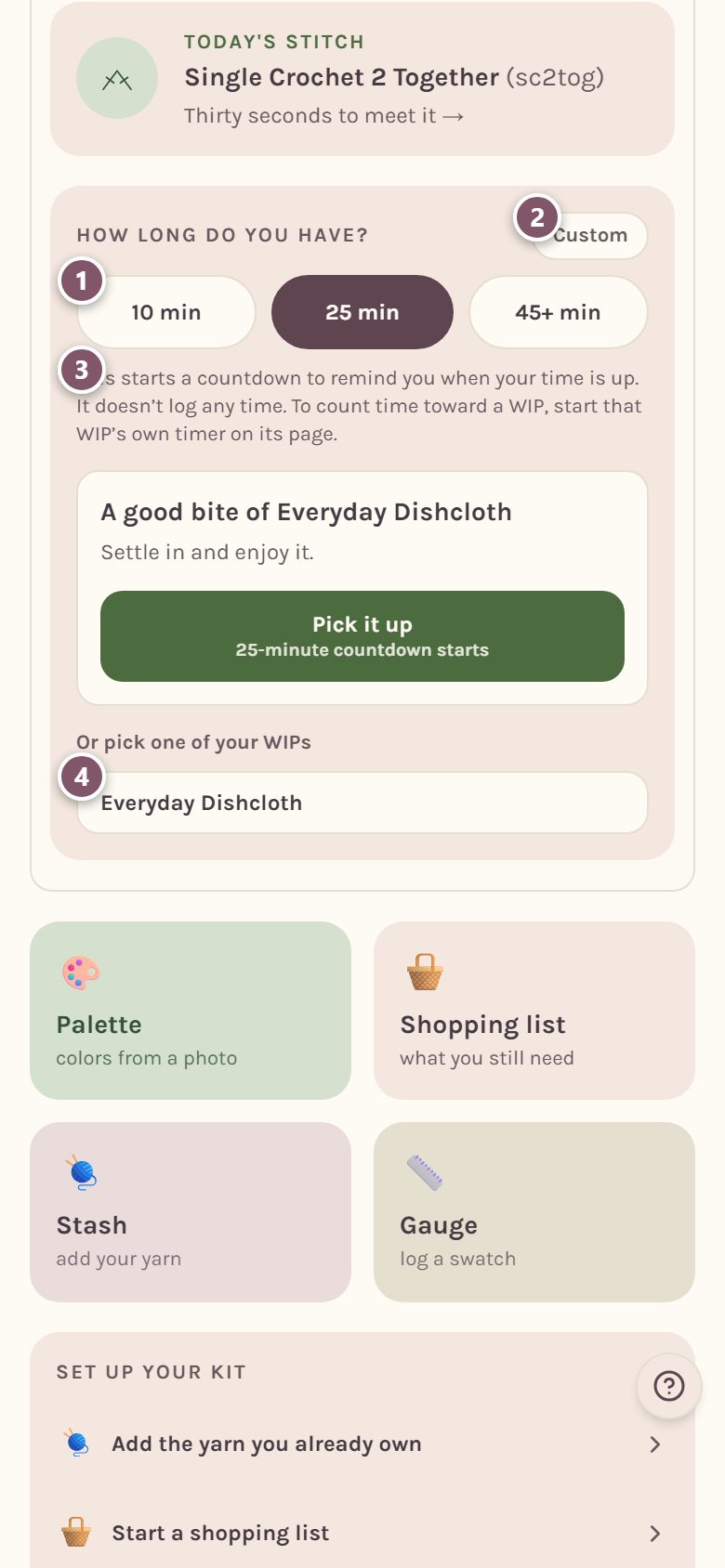 How long do you have? with 25 min picked: 1 is 10 min, 2 is Custom, 3 is the note that the countdown logs no time, 4 is one of your WIPs (on a phone)