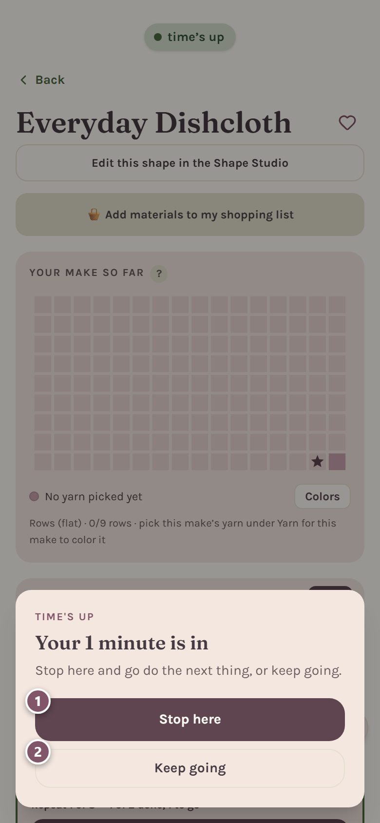 Your 1 minute is in: 1 is Stop here, 2 is Keep going (on a phone)