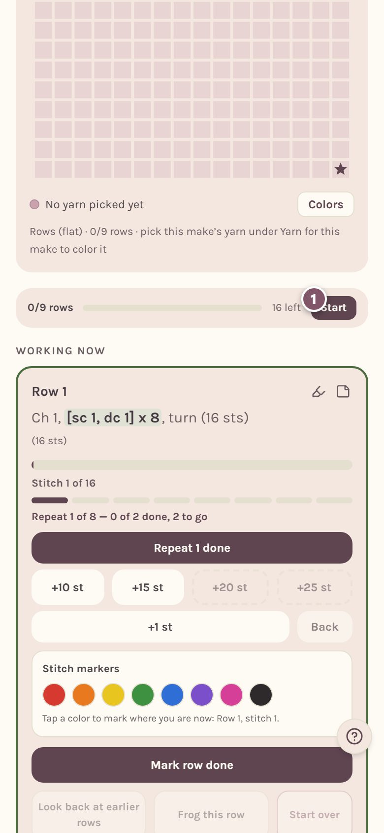 The progress bar above Working now, with Start marked 1 (on a phone)
