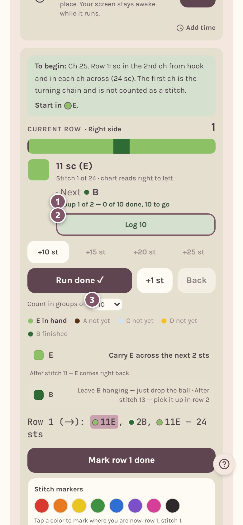 Counting in groups: 1 is the group counter, 2 is Log 10, 3 is the group size (on a phone)