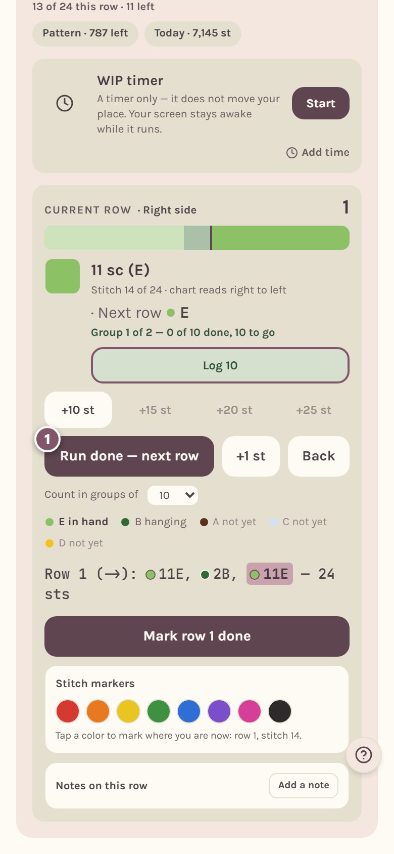 The last run of the row, with Run done — next row marked 1 (on a phone)