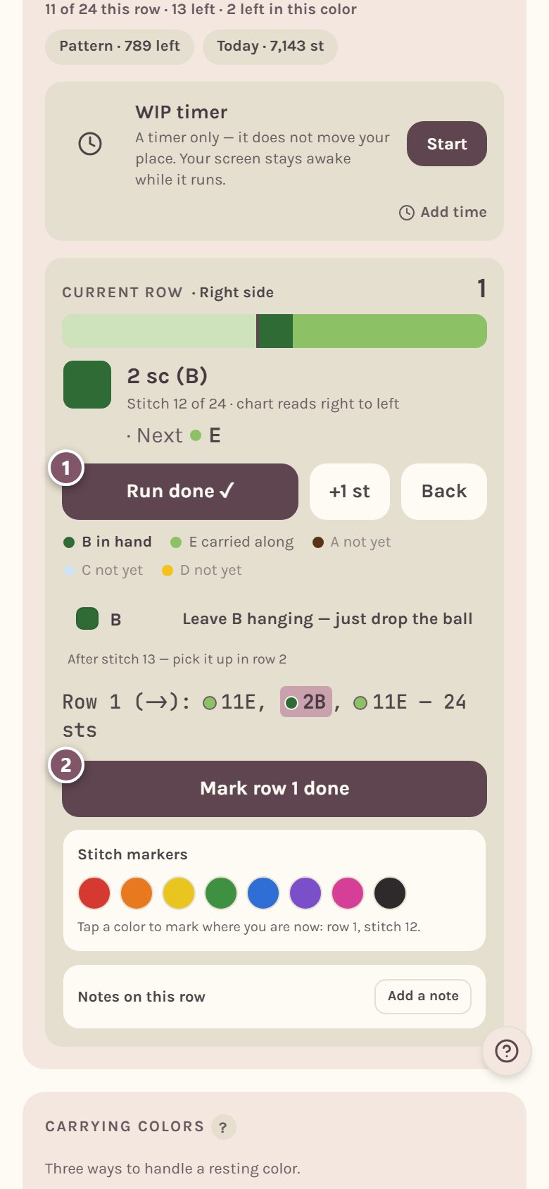 The card on the next run, 2 sc in color B: 1 is Run done, 2 is Mark row 1 done (on a phone)