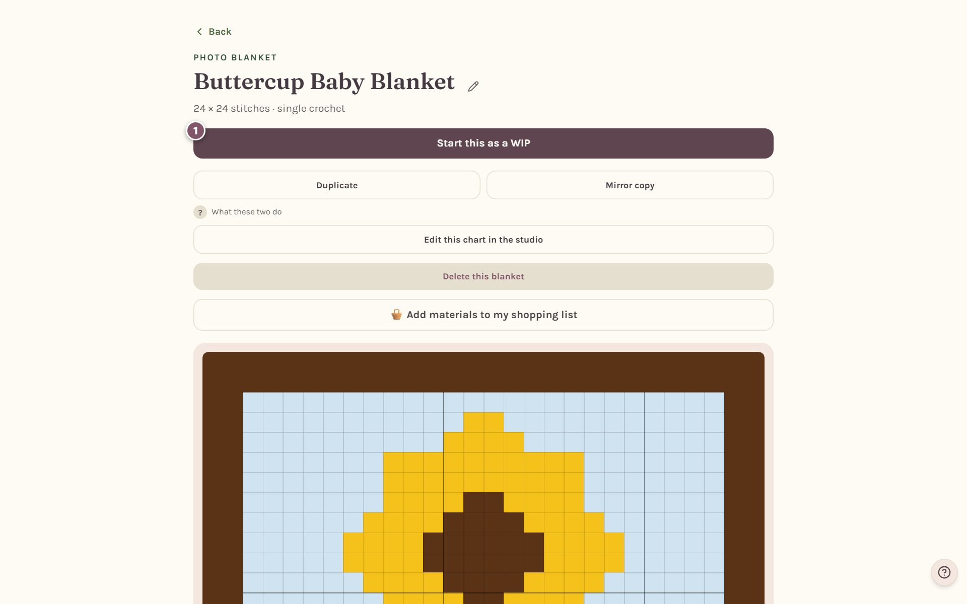The saved blanket's page, with the Start this as a WIP button marked 1 (on a computer)