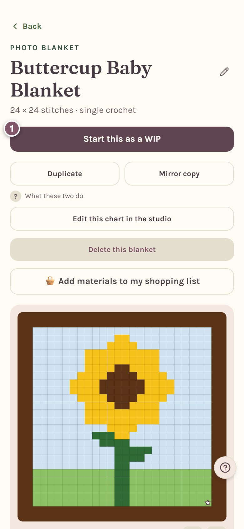 The saved blanket's page, with the Start this as a WIP button marked 1 (on a phone)
