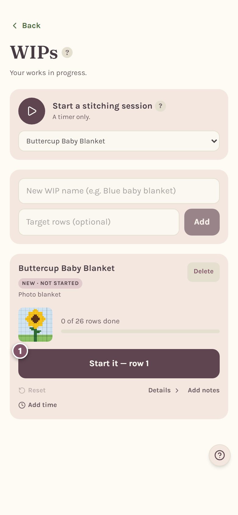The blanket's card on the WIPs page, with Start it — row 1 marked 1 (on a phone)