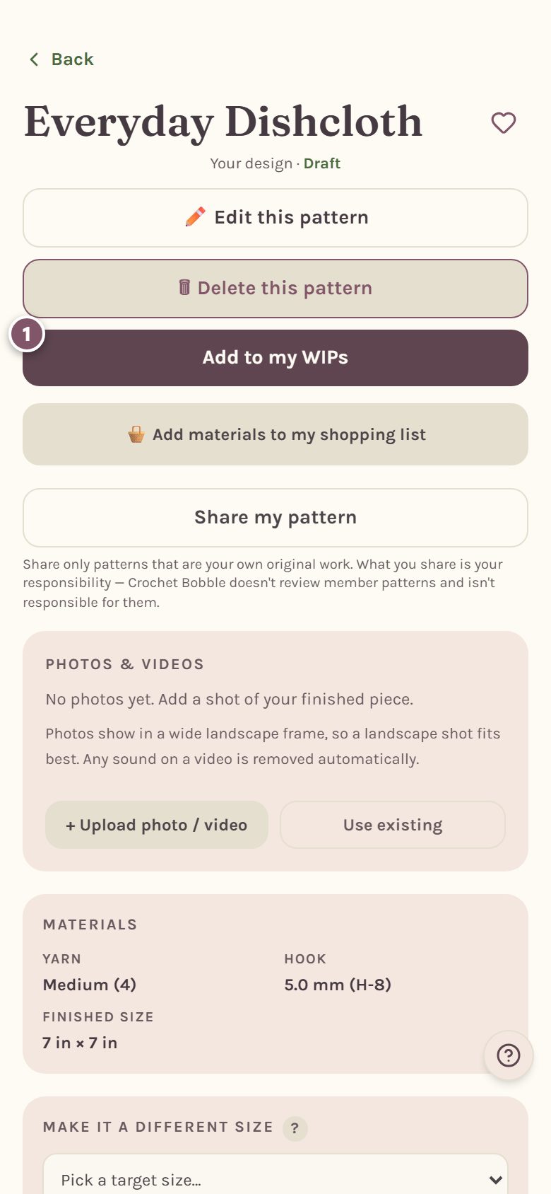 The pattern page, with Add to my WIPs marked 1 (on a phone)
