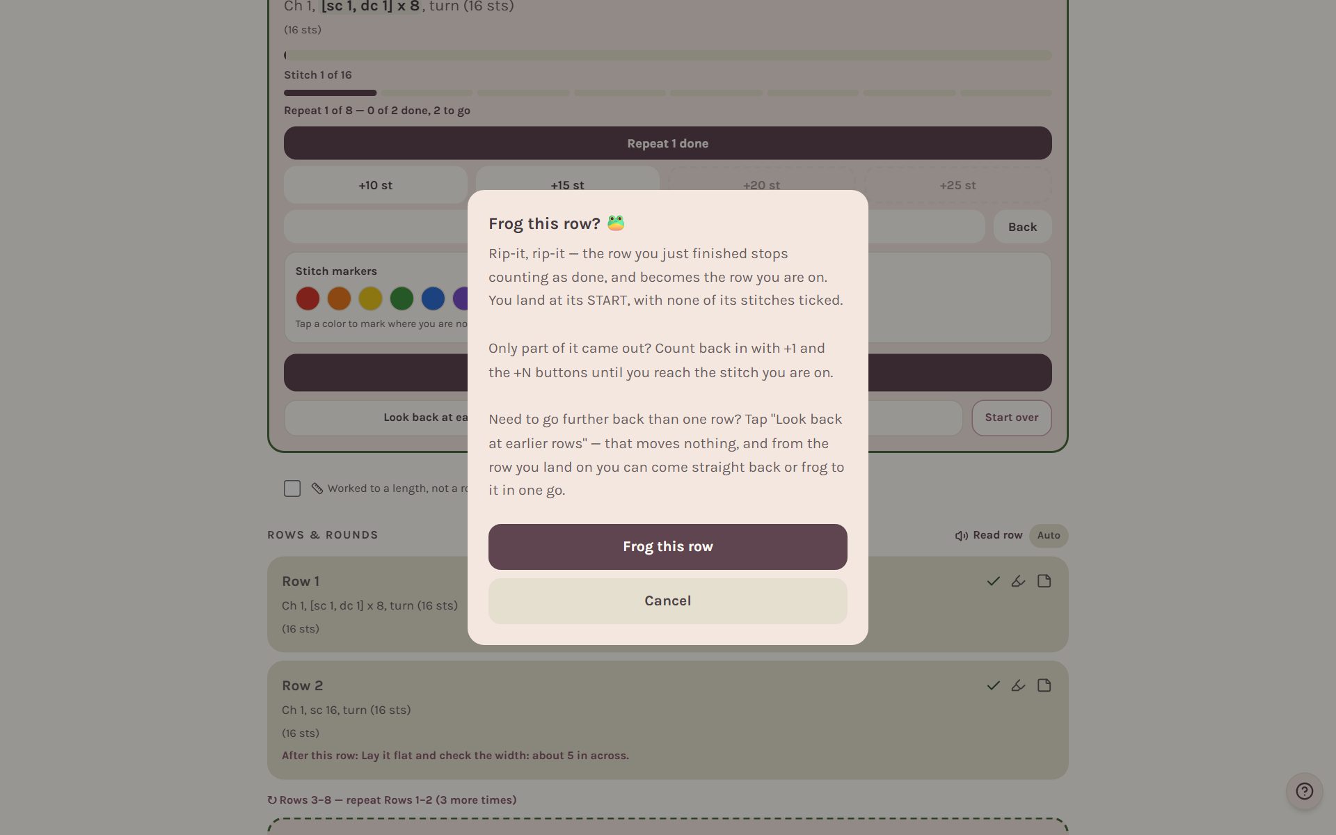 The Frog this row question, with Frog this row and Cancel (on a computer)