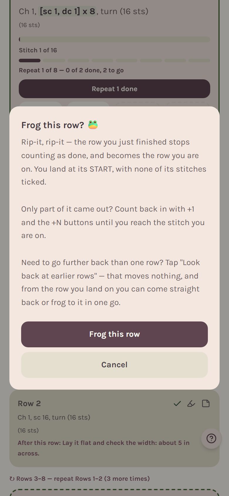 The Frog this row question, with Frog this row and Cancel (on a phone)