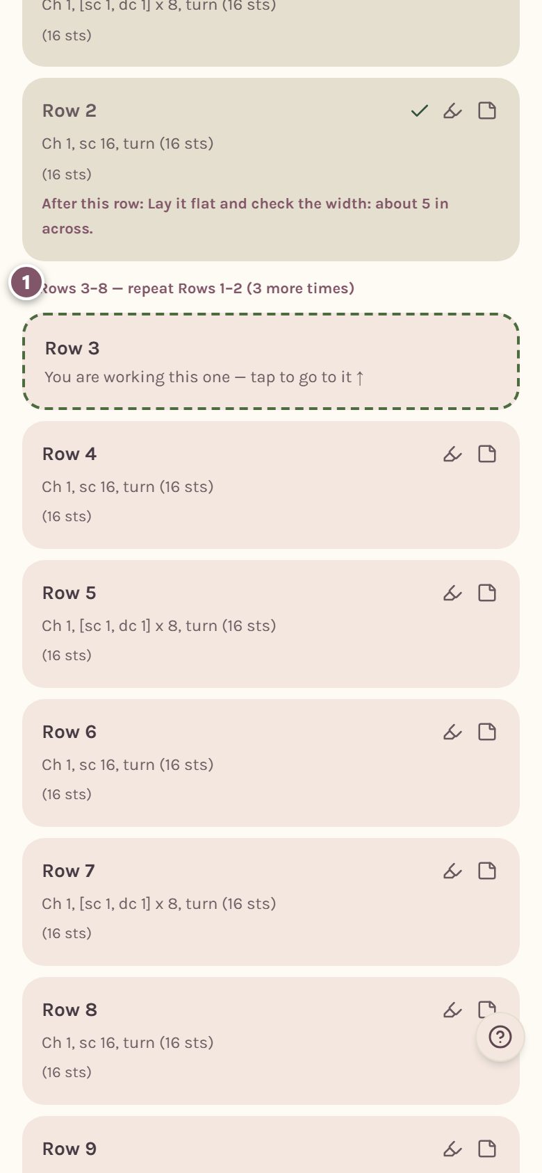 The line "Rows 3–8 — repeat Rows 1–2 (3 more times)" in the list of rows, marked 1 (on a phone)